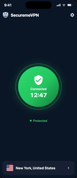 SecuremeVPN on iPhone, connected in New York